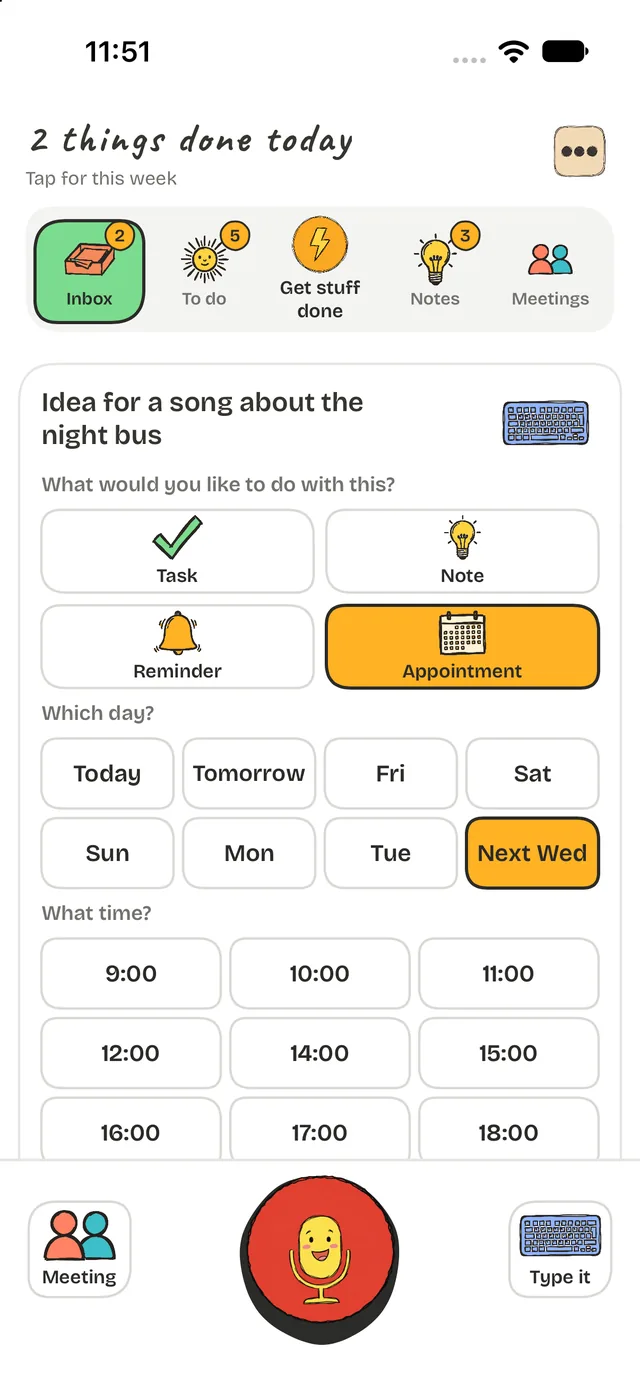 Task Mike Inbox with a captured thought and big buttons for Task, Note, Reminder and Appointment