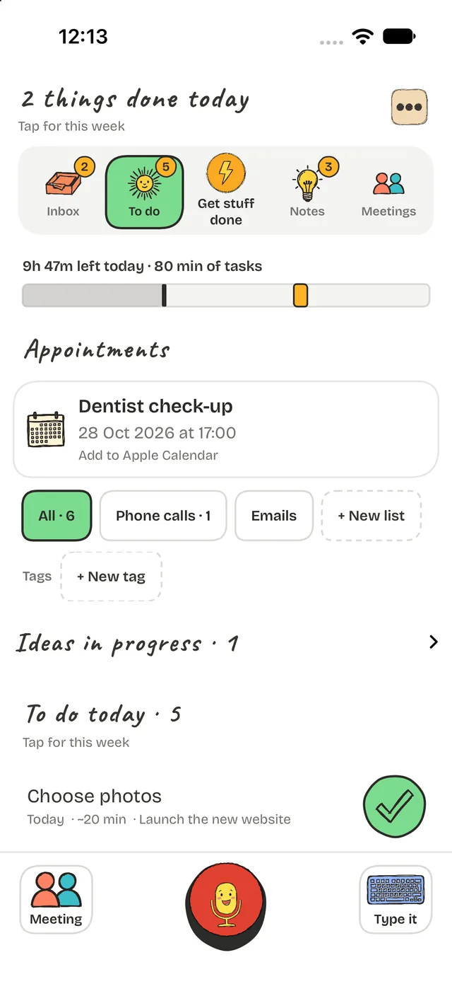 Task Mike To do screen showing a day strip with 10 hours left, an appointment and today's tasks